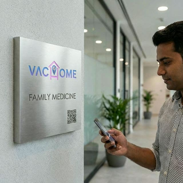 Clean clinic signage with QR code, person casually scanning in an orderly environment
