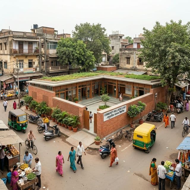 Clinic exterior integrated into the neighborhood with people passing by naturally