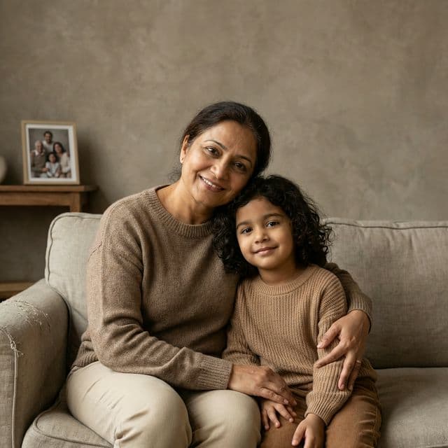 Parent with child portrait with consistent warm lighting